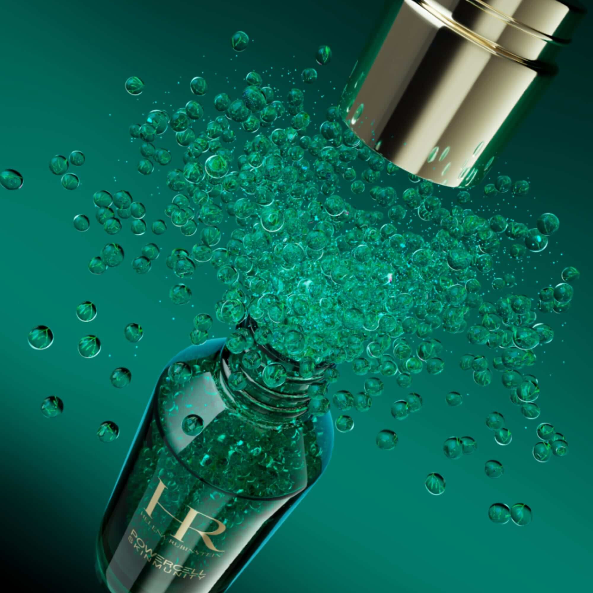 Helena Rubinstein Powercell Skinmunity serumfles geopend om de unieke, bruisende textuur te onthullen.