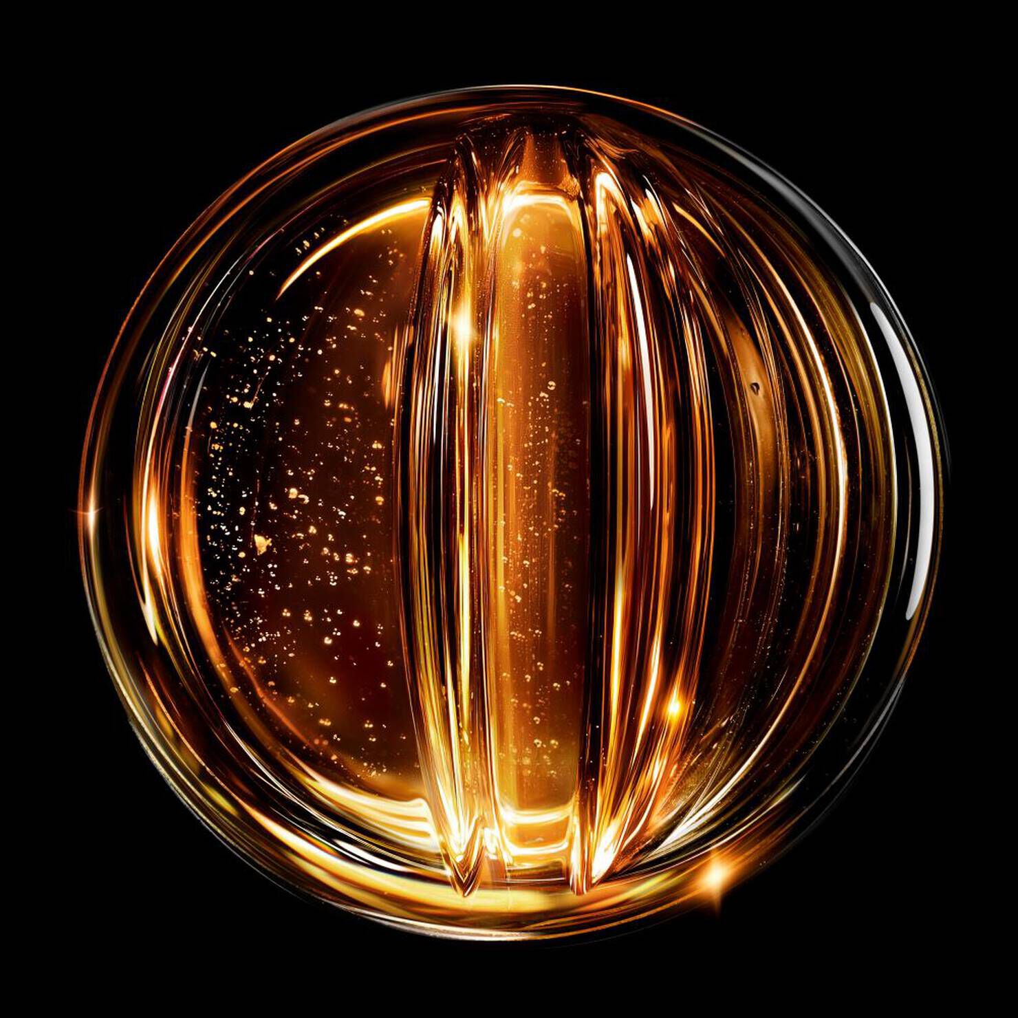 A golden, translucent orb with swirling lines and luminous bubbles against a black background, suggesting elegance and luxury.