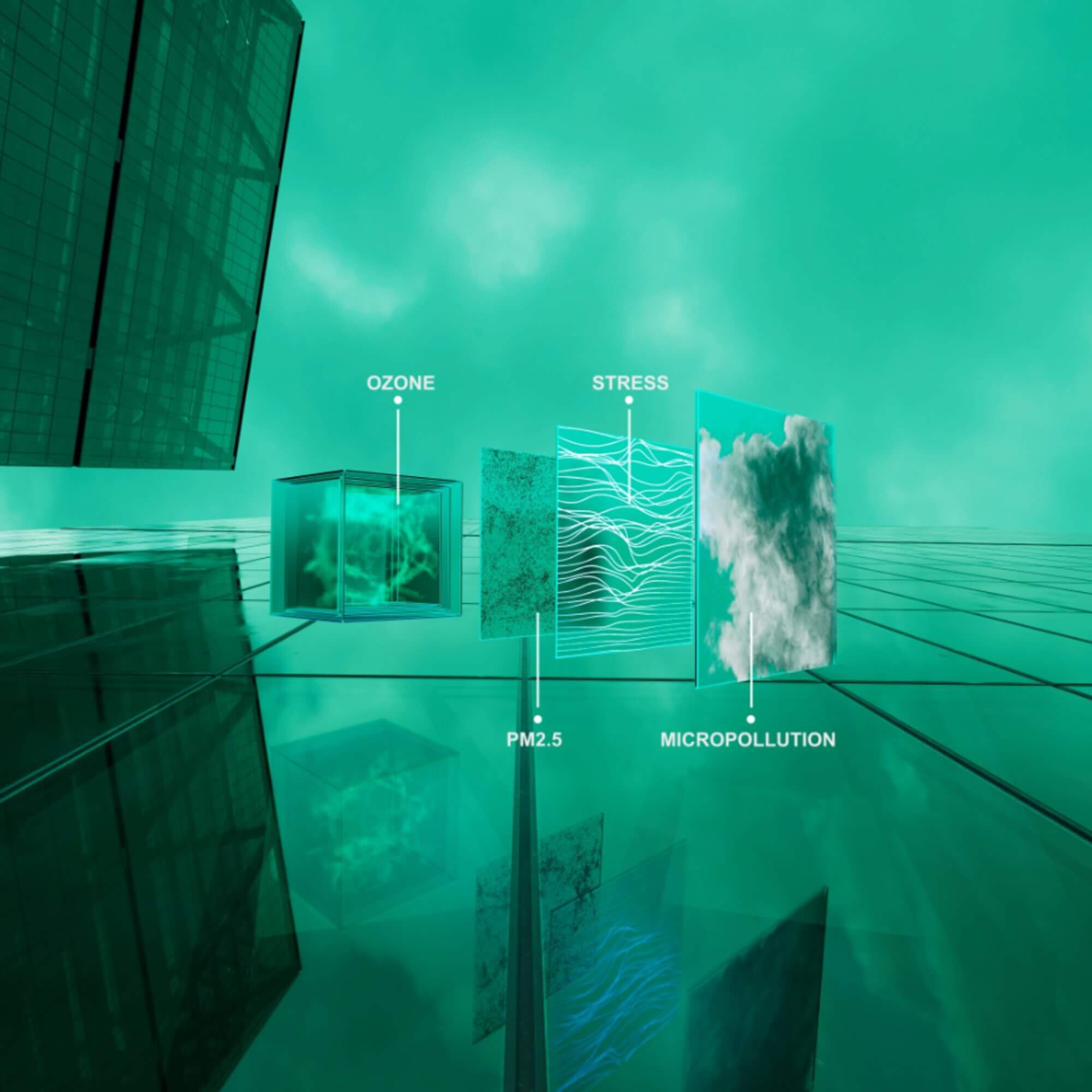 Conceptuele illustratie van stedelijke huidagressoren waaronder Ozon, PM2.5, Stress en Microvervuiling, weergegeven als lagen tegen de achtergrond van een modern groenblauw glazen gebouw.