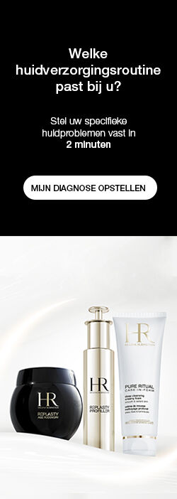 Afbeelding van huidverzorgingsproducten van HR, met een oproep om een huiddiagnose op te stellen in 2 minuten.