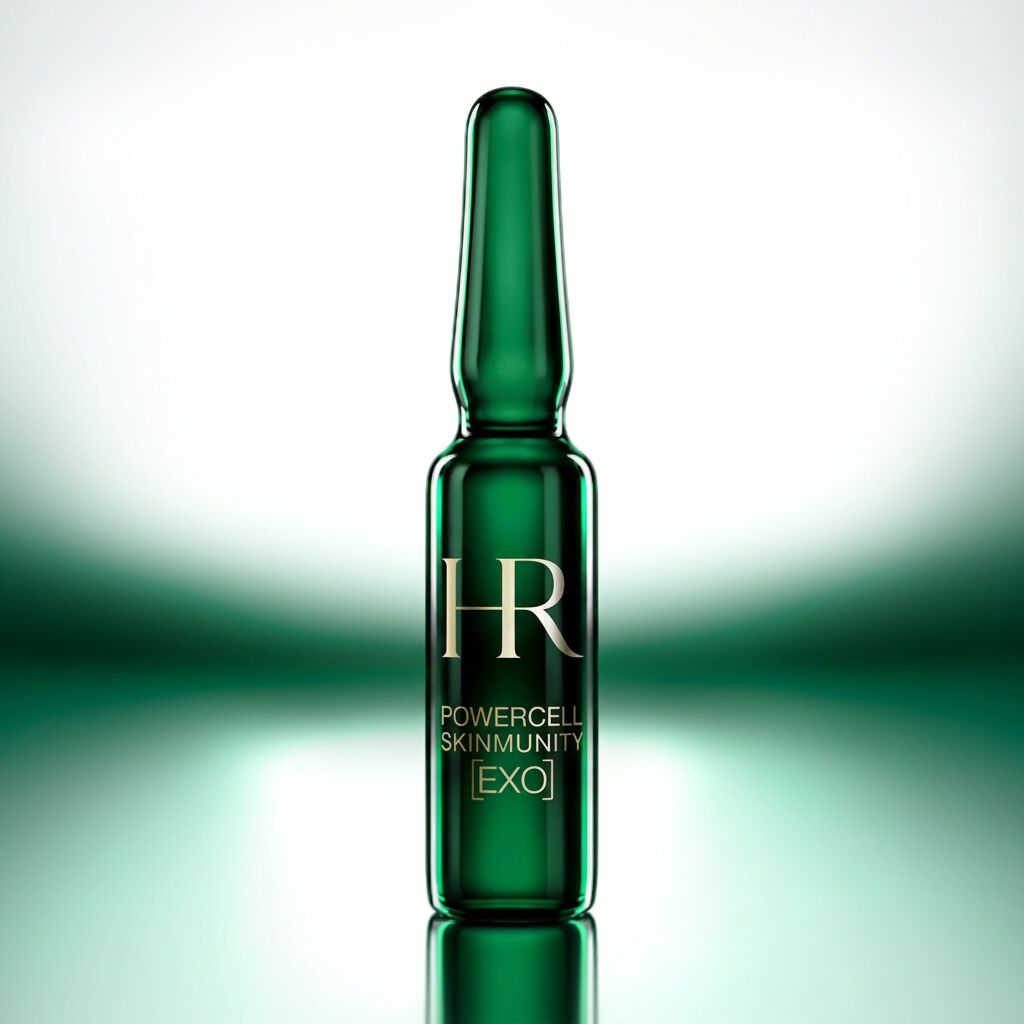 Een groene Helena Rubinstein Powercell [EXO] Shot ampul op een donker, reflecterend oppervlak, verlicht door een zachte groene gloed tegen een donkere verloopachtergrond.​