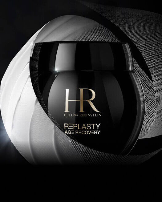Helena Rubinstein REPLASTY AGE RECOVERY. Zwarte pot, textuur van een verband. Anti-aging huidverzorging.