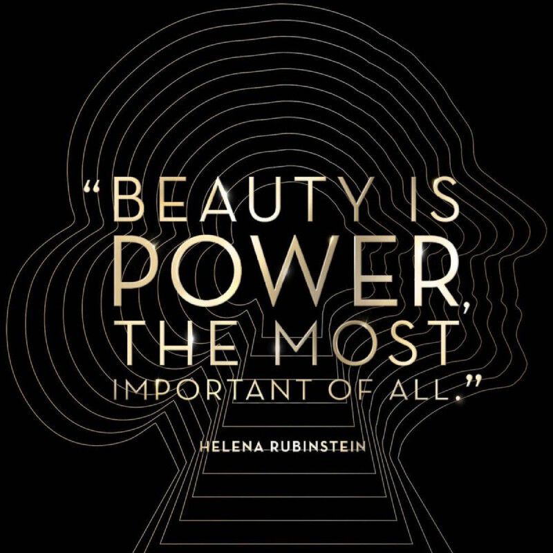 "BEAUTY IS POWER, THE MOST IMPORTANT OF ALL." - Helena Rubinstein quote on a black background with abstract golden lines forming a face profile.