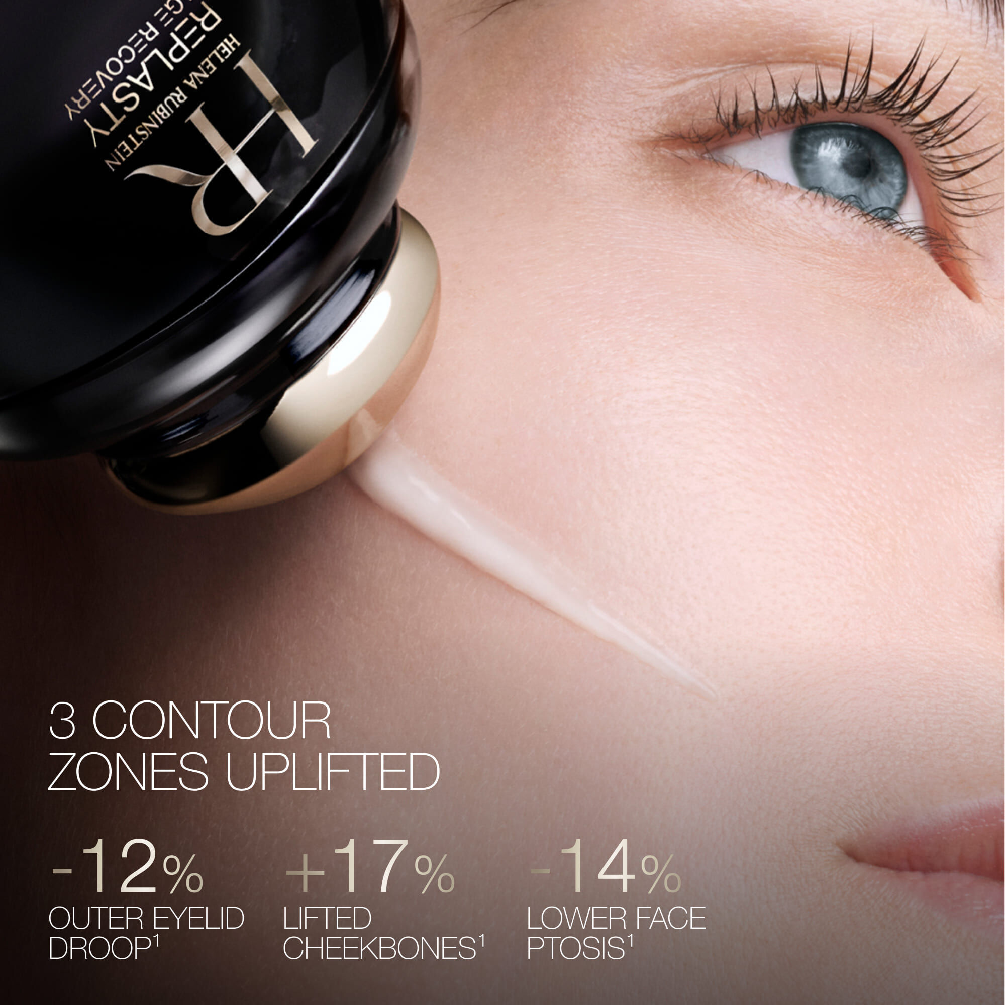 Helena Rubinstein Replasty Age Recovery Eye & Face Contour Concentrate aangebracht op de huid: -12% verslapping van het buitenste ooglid, +17% gelifte jukbeenderen, -14% ptosis van het onderste gezichtsdeel.