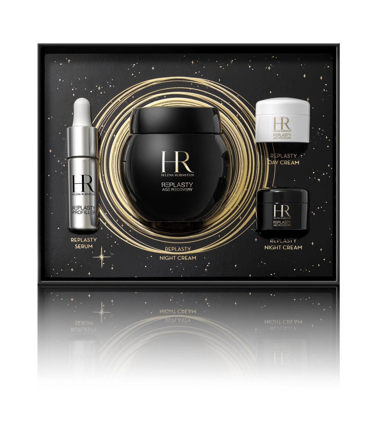 Geopende zwarte en gouden geschenkdoos, met vier Helena Rubinstein "Re-Plasty" producten (serum, nachtcreme, dagcreme) en het "HR" logo, op een witte achtergrond.