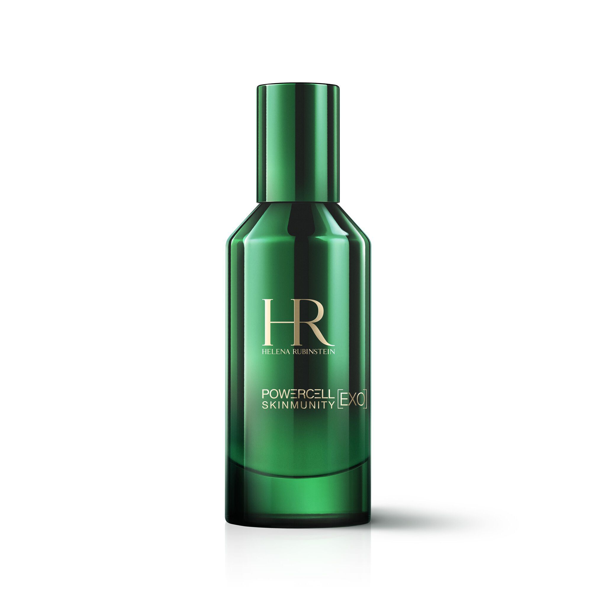 Helena Rubinstein Powercell Skinmunity [EXO] Serum in zijn elegante groene fles met een bijpassend metalen dopje.